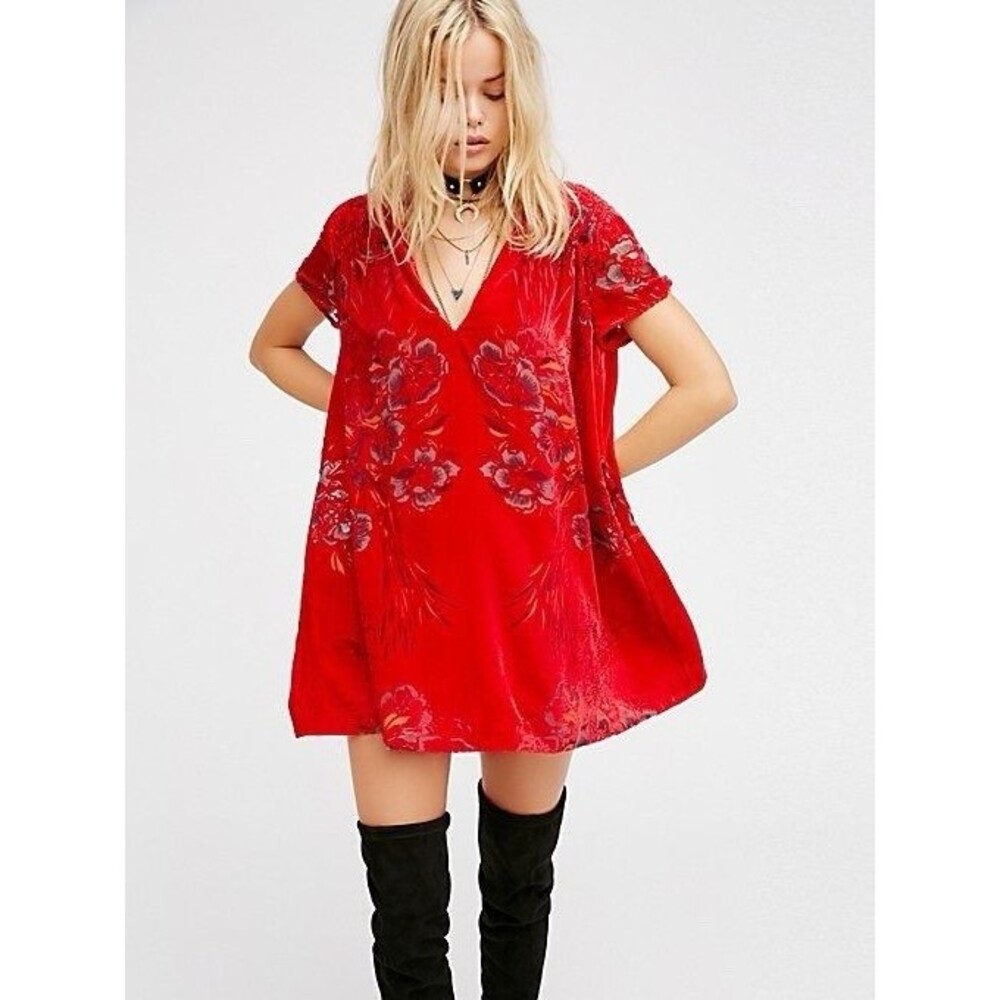 Free People Actin Single Velour Mini Shift dress Womens XS Red Floral Retro Boho
